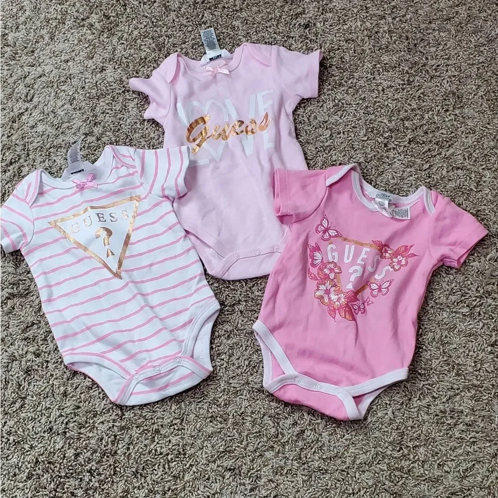 Disney Dusty Pink Knit Overalls & Matching Shirt & 3 Guess Pink Onesie's